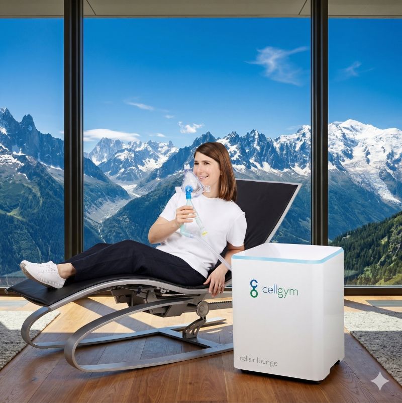 Frau trainieret auf IHT/IHHT Höhentrainingsgerät, sitzt auf einer Liege mit Bergen im Hintergrund